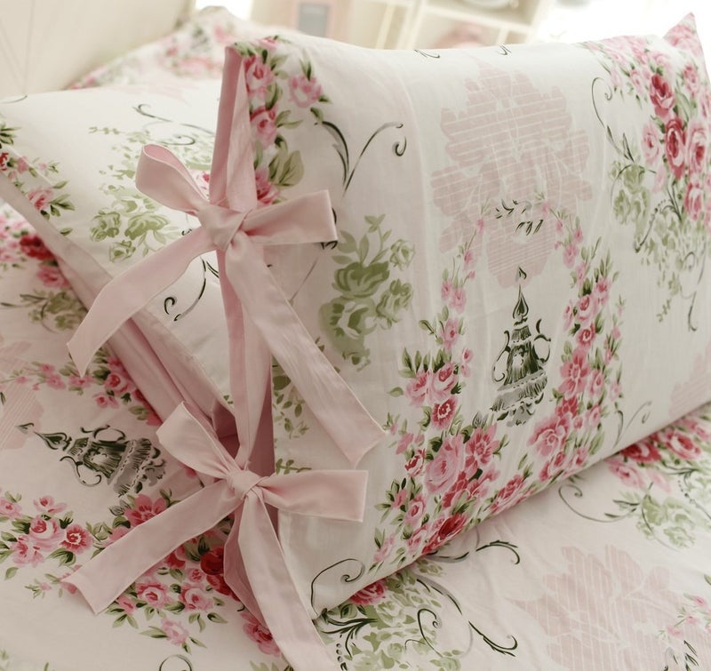 FADFAY Shabby Floral Bedding Set Queen Size Sheet Set 4 Piece Premium 100% Cotton Pink Rose Pattern :1 Deep Pocket Fitted Sheet  1Flat Sheet  2 Pillowcases (Standard Size) - Image 3
